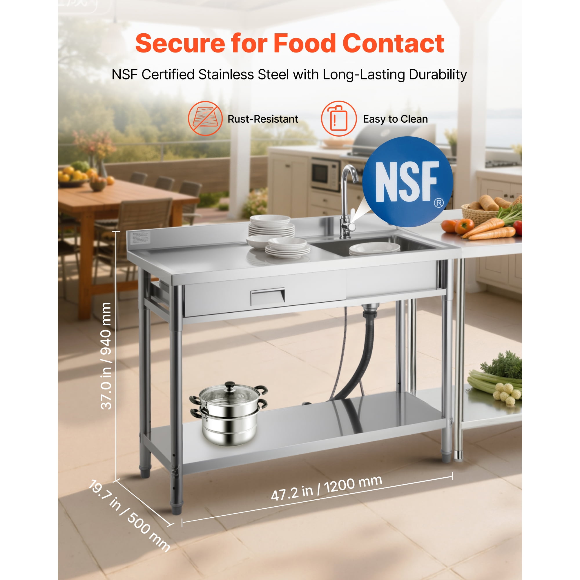 KFFKFF NSF-Certified Stainless Steel Utility Sink with 360° Rotating Faucet, Drawer, and Adjustable Storage Rack, 47 x 20 x 37 in.