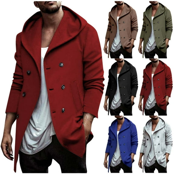 Lovskoo Trench Coat for Men 2024 Double Breasted Hooded Casual Long Sleeve Outdoor Trench Coats Tops Olive Green