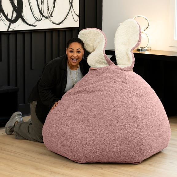 Raven-Symoné Home HopSeat Bunny Oval Shaped Large Bean Bag Chair with Ears, Ultra Soft Shearling - Pink