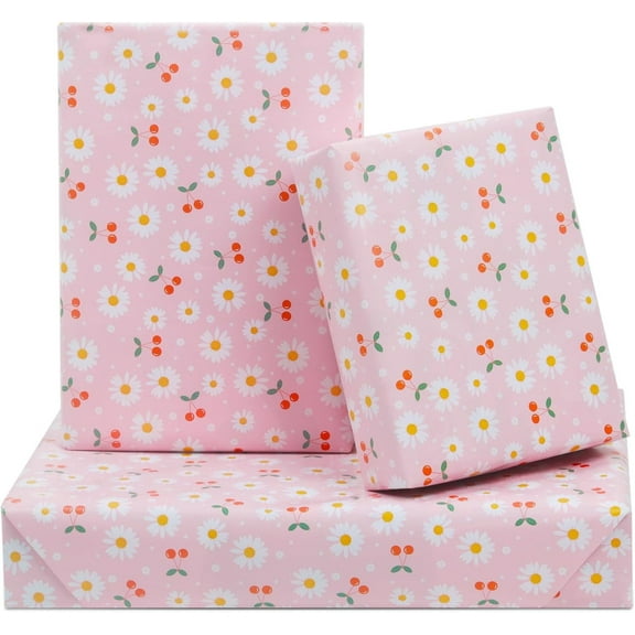 White and Yellow Daisy Floral With Red Cherries On Pink Gift Wrapping Paper 6 Sheets For Kids Girls Boys Women, 20 x 30 inch Flower Gift Wrap for Birthday Baby Shower Wedding Holiday Christening