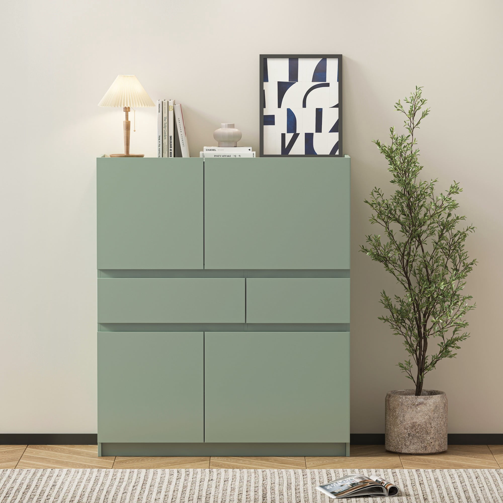 Leumius Wooden Storage Cabinet,Kitchen Pantry Cabinet,Pantry Cabinet with 4 Doors and 2 Drawers for Kitchen,Dining Room,Living Room,Green