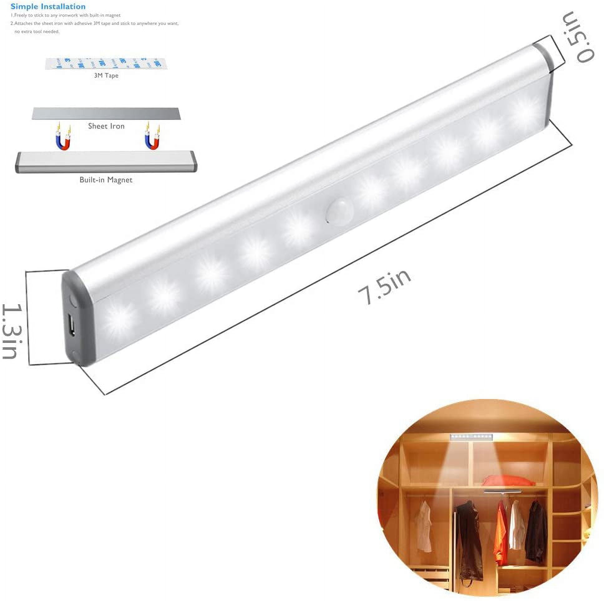 Stick-on Anywhere Portable Little Light Wireless LED Under Cabinet Lights 10-LED Motion Sensor Activated Night Light Build in Rechar able Battery Magnetic Tap Lights for Closet, Cabinet