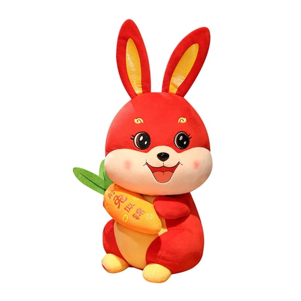 Juguete de peluche de conejo de estilo chino, figura decorativa de animal relleno de zanahoria, accesorios de almohada, juguete de para año
