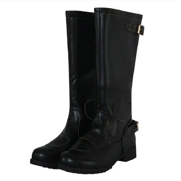 FAMTKT Men's Low Heel High Locomotive Jean Back Zipper Belt Buckle Warm Boots, Men's Mid-Calf Boots Cowboy Boots, Men Knee High Boots