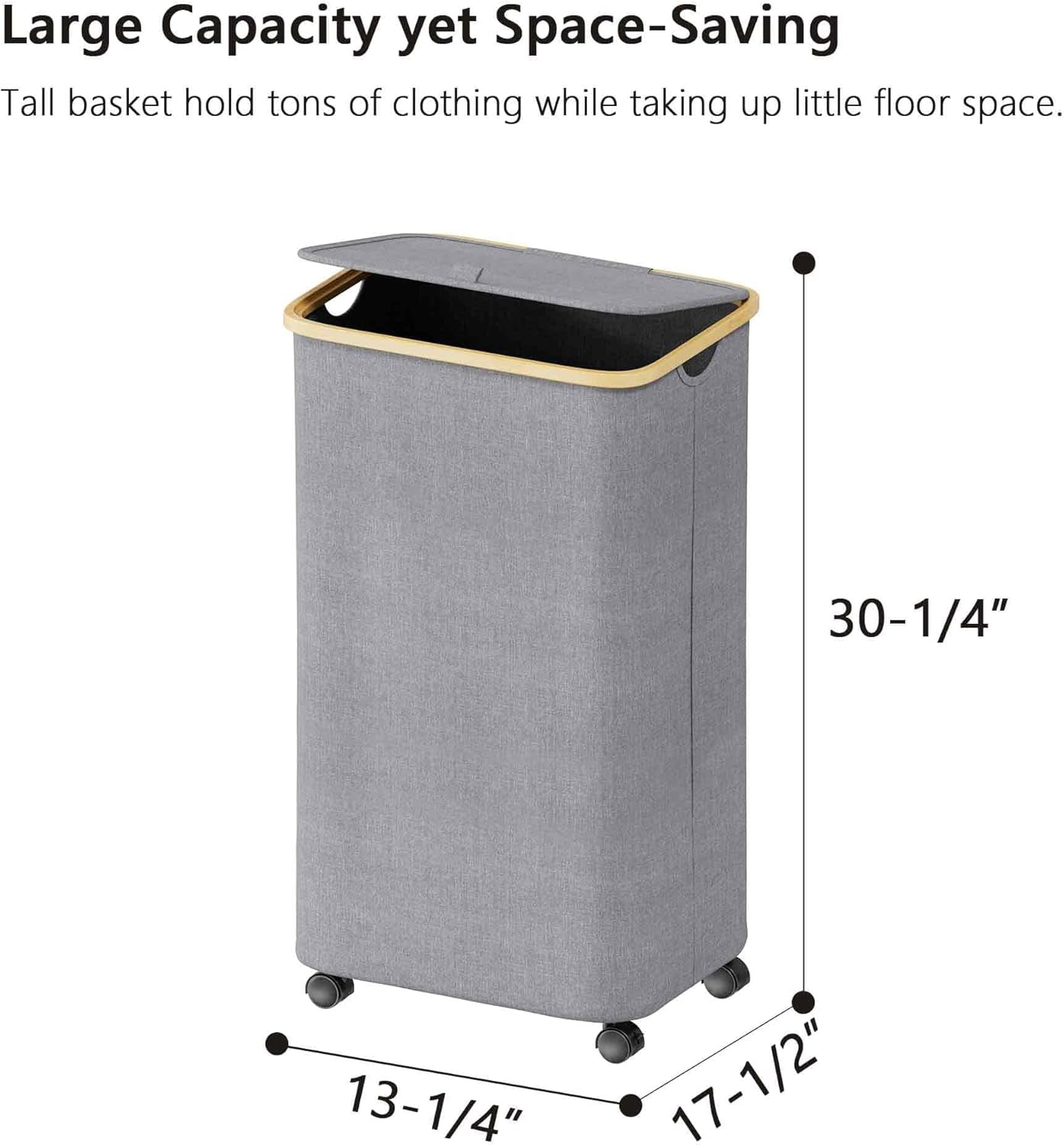 【HOSTK】100L Foldable Laundry Hamper on Wheels - Grey Clothes Basket with Lid & Bamboo Handles for Bedroom, Bathroom, Dorm