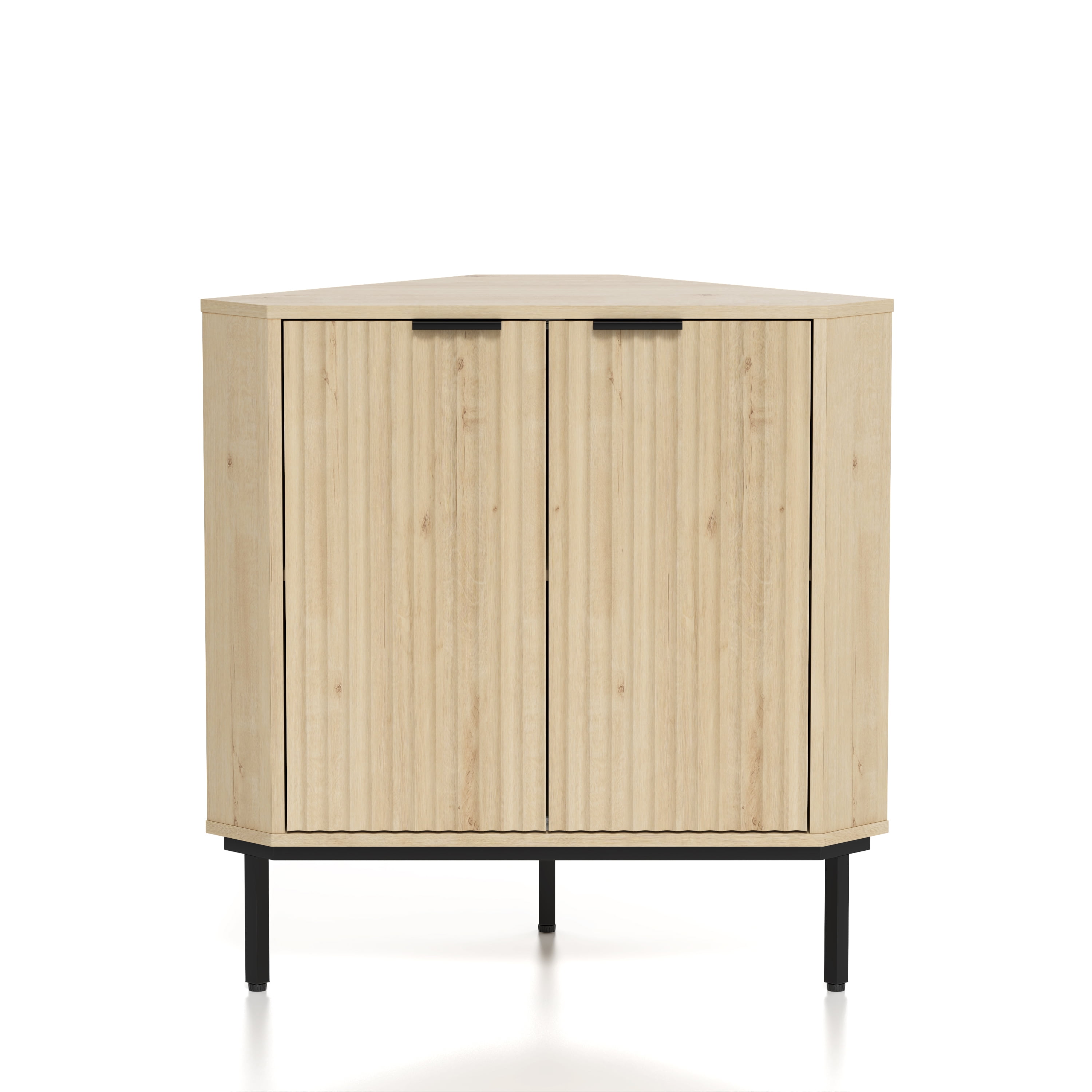 Joyyskill Modern Corner Cabinet, Fluted Small Floor Storage Cabinet with Adjustable Shelf, Freestanding Narrow Organizer for Living Room, Light Oak