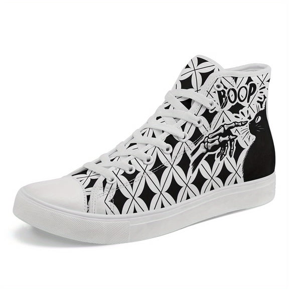 Coolcustomize Men's Halloween Cartoon Cat Print High Top Sneakers - Stylish Walking Trainers with "BOOP" Design, Unisex Casual Couple Style for Concerts & Streetwear, Fashion Halloween Boots