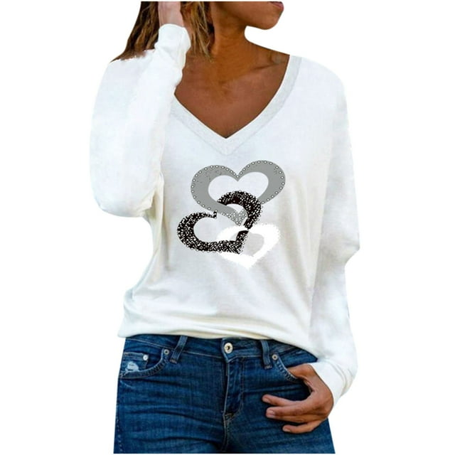 CEHVOM T-Shirt pour Femme à Col en V Décontracté à Manches Longues avec Imprimé et Coutures, Chandail « Love »