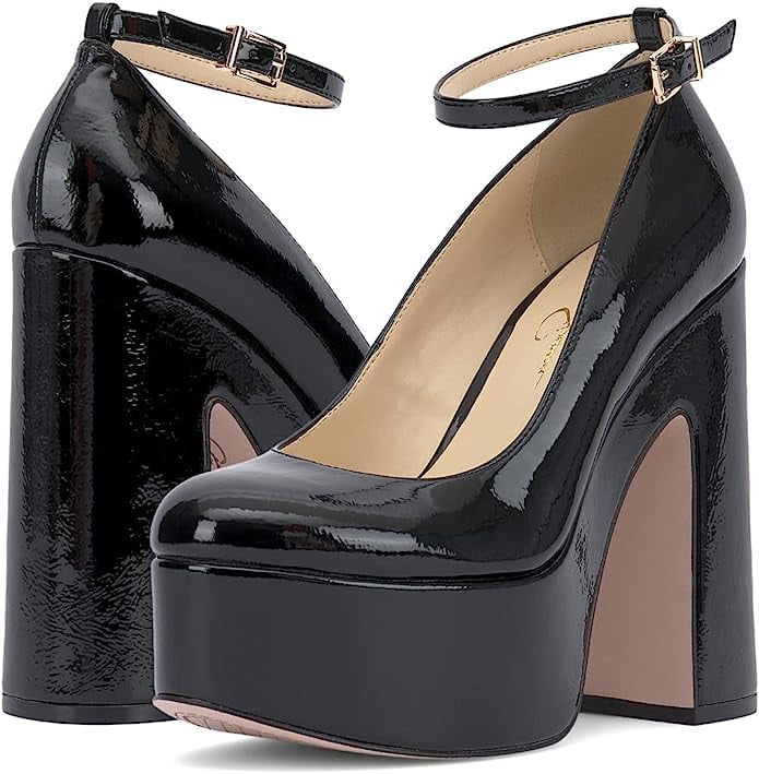 Jessica Simpson Macee Black Buckle Ankle Strap Block Chunky High