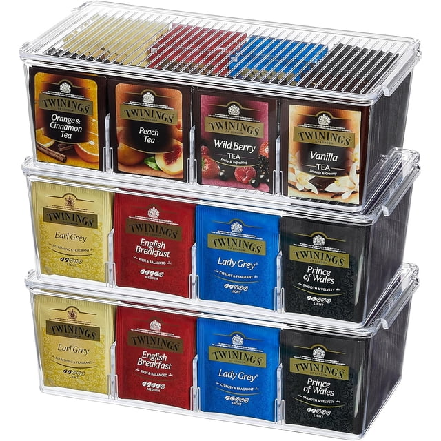 Lifewit 3 Pack Plastic Stackable Tea Bag Organizer, Divided Storage Bin Box for Kitchen Cabinets, Countertops, Pantry, Hold Coffee Pods, Sugar Packets, Condiments, 8 Sections