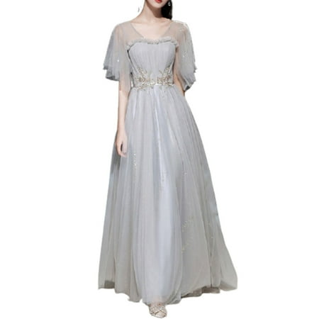 

Dress Gray Bridesmaid Summer Fairy Temperament Long Section Thin Sister Group Evening Dress Skirt Female Grey Flying Sleeve Long XL