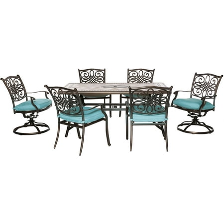Hanover Monaco 7-Piece Dining Set in Blue with 4 Dining Chairs 2 Swivel Rockers and a 40 x 68 Tile-Top Table