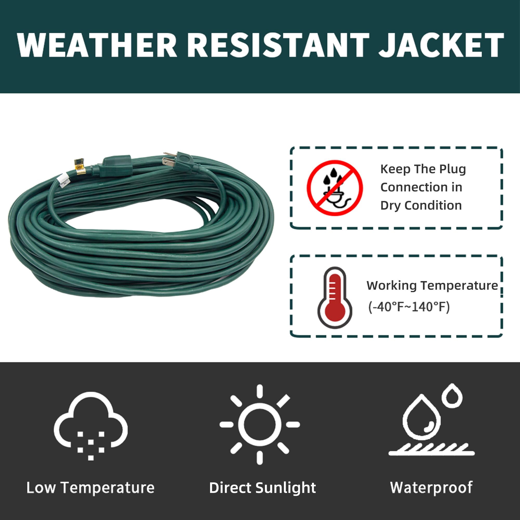 Extension Cord Green 40FT Standard Outdoor Indoor Power Cable