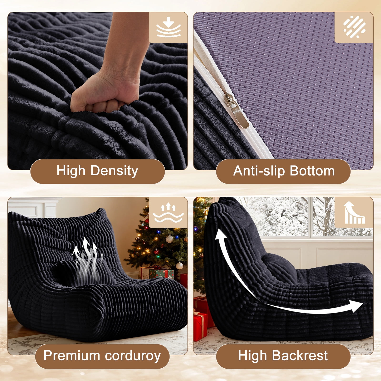 Bean Bag Chair for Adults with Lumbar support pillow, Memory Foam Giant Bean Bag Sofa with Corduroy Material Lazy Sofa for Living Room Bedroom Dorm Office, Black