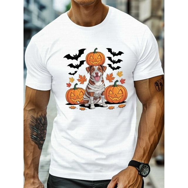 Camiseta de Halloween con estampado de momia de perro y calabaza - Camiseta informal negra de manga corta, diseño de momia de perro blanca, calabaza naranja y murciélago, moda de temporada, cuello red
