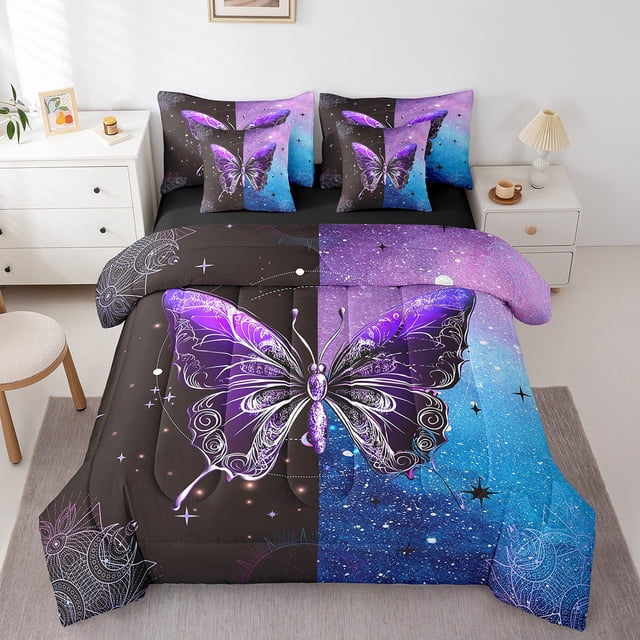 Erosebridal Boho Butterfly Bedding King Comforter Set, Purple Down Comforter, Constellation Decor, Reversible 7 Pieces