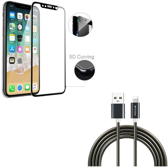 iPhone XS/X - 3ft Metal USB Cable w Tempered Glass Screen Protector - Charger Cord Power Wire Sync Fast Charge Data, 5D Touch Curved Edge Full Cover Bubble Free Case Friendly 9H Hardness