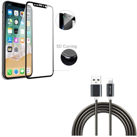 iPhone XS/X - 3ft Metal USB Cable w Tempered Glass Screen Protector - Charger Cord Power Wire Sync Fast Charge Data  5D Touch Curved Edge Full Cover Bubble Free Case Friendly 9H Hardness price history on PriceWatchPro