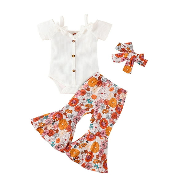 Happy Town Toddler Girls Summer Outfits Short Sleeve Jumpsuit and Pants 2pcs Set for 3-24 Months