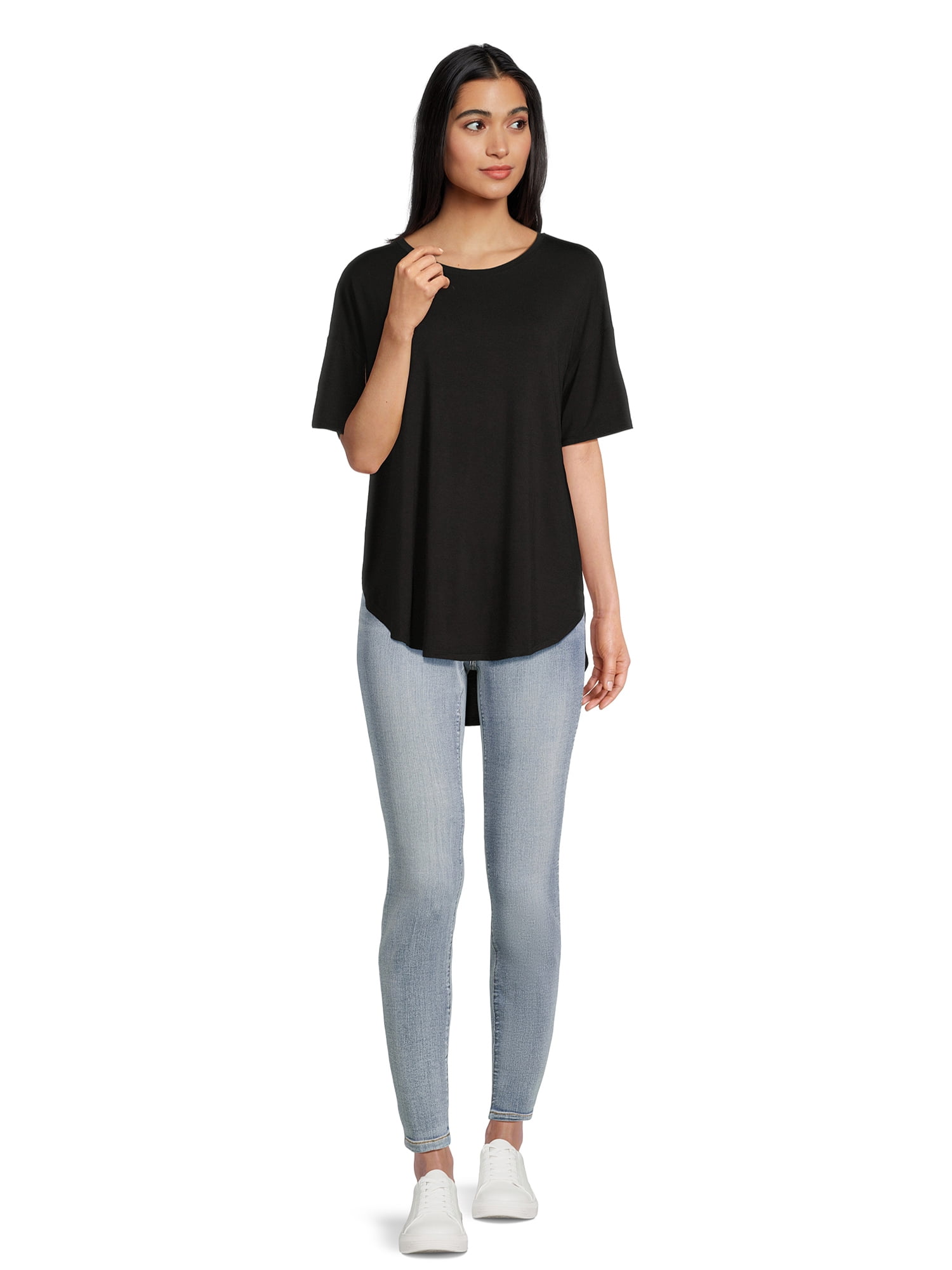 Time and Tru Women's and Women’s Plus Crewneck Tunic Tee with Short Sleeves, Sizes S-3XL