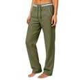 thumbnail image 3 of Women's Soft Linen Cotton Blend Straight Leg Pants, Mid Elastic Waist Pockets, Casual Business Summer Work Wear, Long Womens Trousers Capris | UKHCCC,Army Green L, 3 of 8