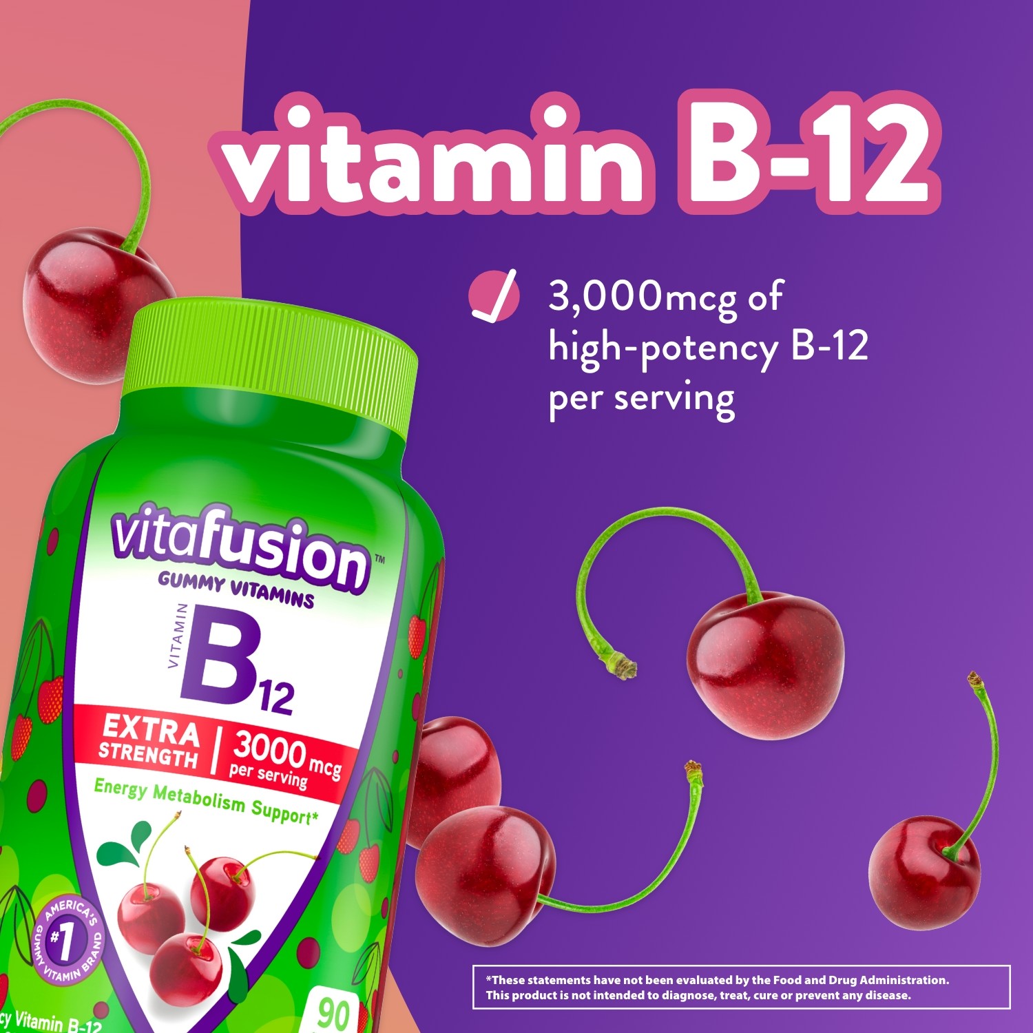 vitafusion Extra Strength Vitamin B12 Gummy Vitamins, Cherry Flavored, 90 Count - image 3 of 10