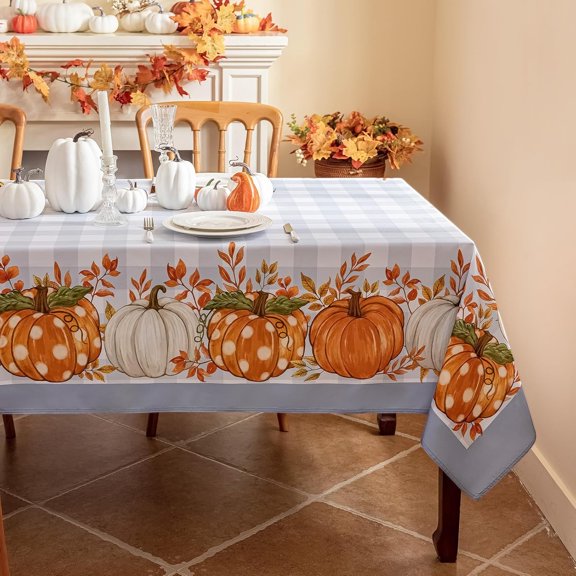 Fall Tablecloth Rectangle, Thanksgiving Autumn Harvest Pumpkin Buffalo Plaid Table Cloth, Stain Resistant Washable Table Cover for Party/Dining/Holiday- Grey Blue Checkered, 60x 120 Inch