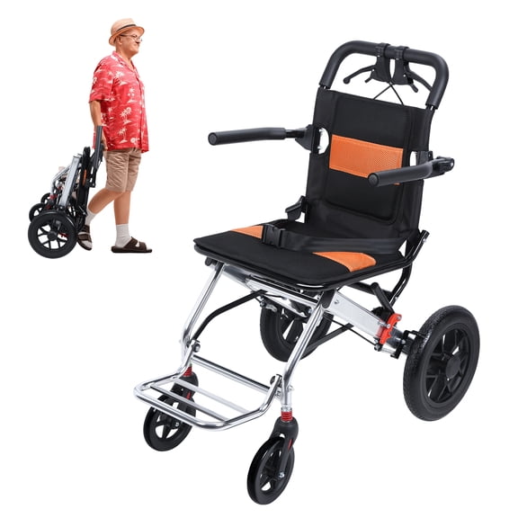 Suhire Adult Lightweight Folding Wheelchair, Narrow Doorway Portable Wheelchair, 15.75-inch Seat Width, 80 kg Capacity, Handbrake Shock-Absorbing Wheelchair