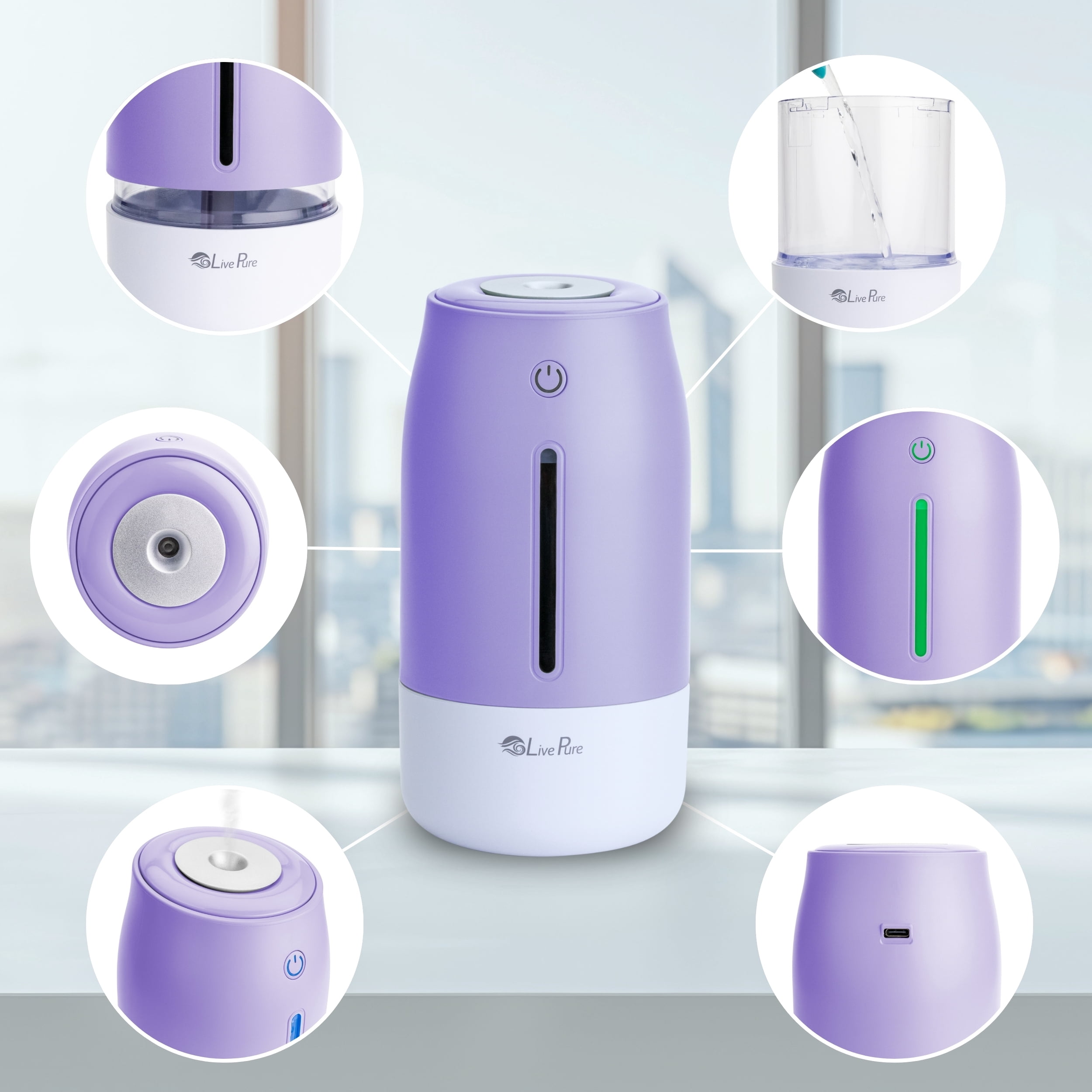 LivePure LP250 Aqua Glo Portable Cool Mist Humidifier. Lavender