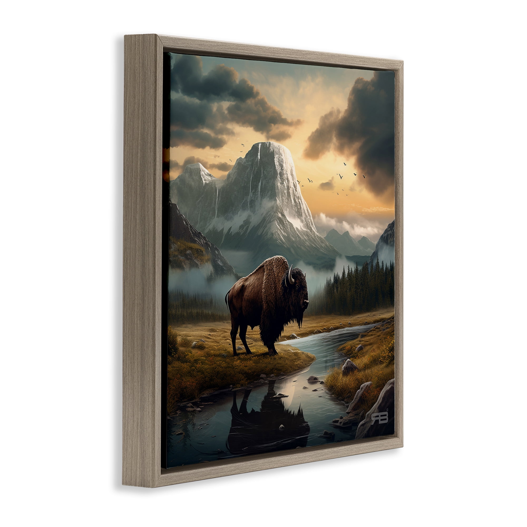 Stupell Industries Bison & Vast Mountains Landscape & Nature Painting Brown Floater Framed Canvas Art Print Wall Art, 25 x 25
