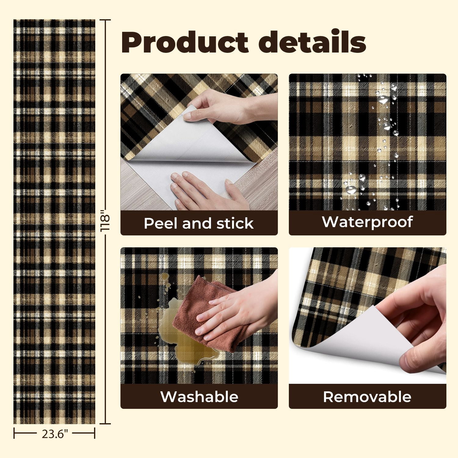 Peel and Stick Wallpaper Tartan plaid gold brown beige black Modern herringbone Wall Mural 23.6in x 9.8ft Self Adhesive Removable Wall Paper Renter Friendly Wallpaper for Bedroom Nursery