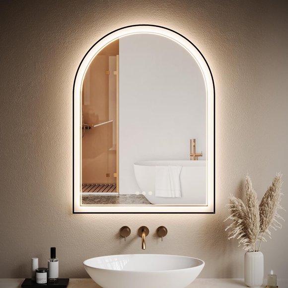 Miroir de Salle de Bain à DEL Arqué 24"X36 Pouces avec Lumière, Miroir de Meuble-Lavabo à 3 Couleurs à Intensité Réglable, Antibuée, Verre Trempé, pour Chambre, Entrée, Salle de Bain, Noir