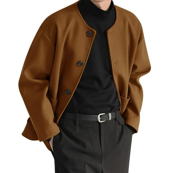 Mens Woolen Trench Coat Crew Neck Single Breasted Peacoat Casual Fall Winter Overcoat With Pockets