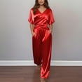 thumbnail image 2 of MDUKONU Women's Satin 2-Piece Set - V-Neck Wrap Tie Top & Cropped Wide Leg Pants Red XXXL, 2 of 7