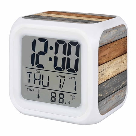 Alarm Clocks Gray Wood Grain Digital Clock 7 Color LED Night Light Silent Non-Ticking Battery Operated Rustic Retro Brown Wooden Cube Clocks Decorative for Bedroom Bedside Living Room Office School