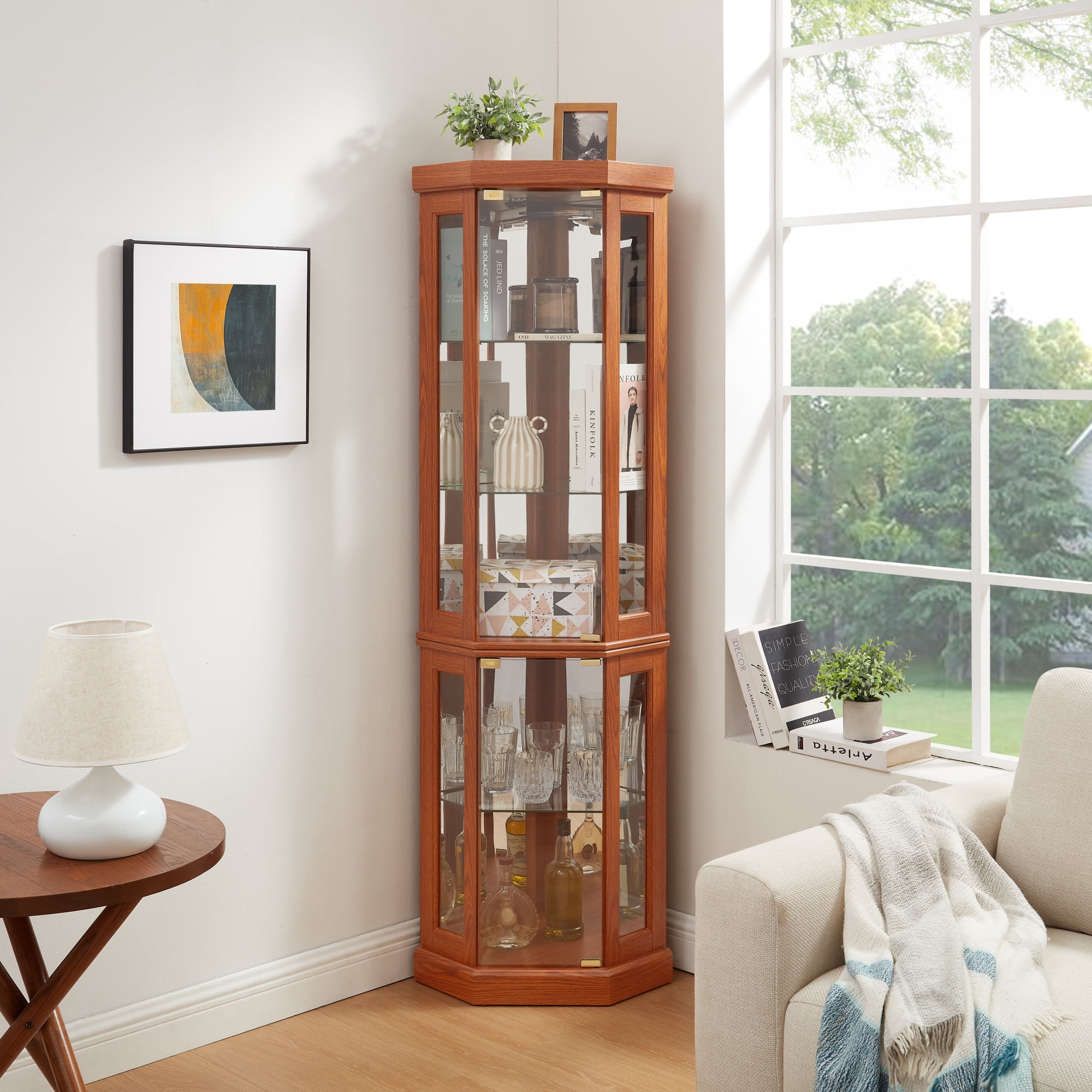 Leumius Corner Glass Cabinet Lighted Curio Cabinet Corner Display Case, Curio Cabinet, Antique collection, Wine, Bar Glass Storage Light Included for Living Room Dark Oak