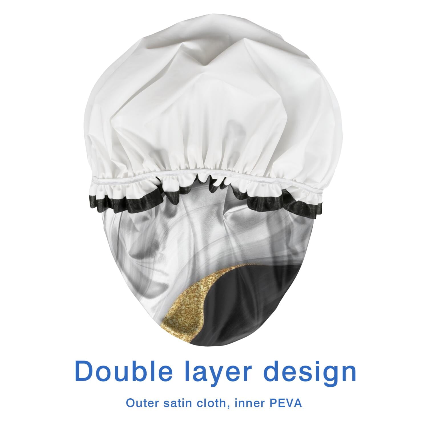 Shower Caps,Black White Marble Gold Wave Pattern Waterproof Shower Cap for Women 4 Pieces,Double Reusable Hair Cover for Shower PEVA Elastic Stretch Hem