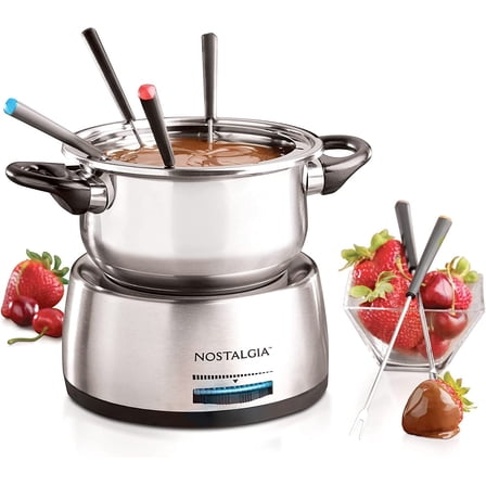 EnjinZZ 6-Cup Electric Fondue Pot Set for Cheese & Chocolate - 6 Color-Coded Forks, Temperature Control - Stainless Steel Kitchen Gadgets and Appliances for Hors d'Oeuvres and More - Stainless Steel