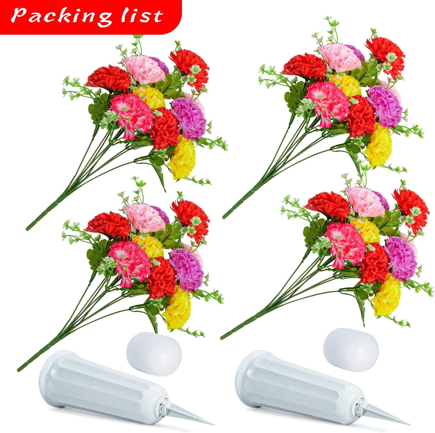 Cemetery Flowers, Set of Artificial Carnation Bouquet Grave Memorial Flowers with Vase for Cemetery Headstones Decoration (Carnation)