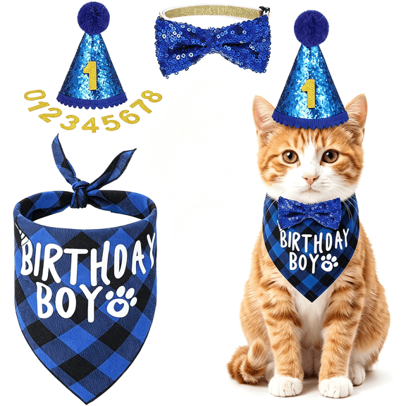 TELOLY Cat Birthday Decorations,Cat Birthday Bandana Cats Birthdays Hat with Number Bow Tie Cats Birthdays Outfit for Cat-Pet Kittens Apparel Christmas Party Outfits Supplies(Blue)