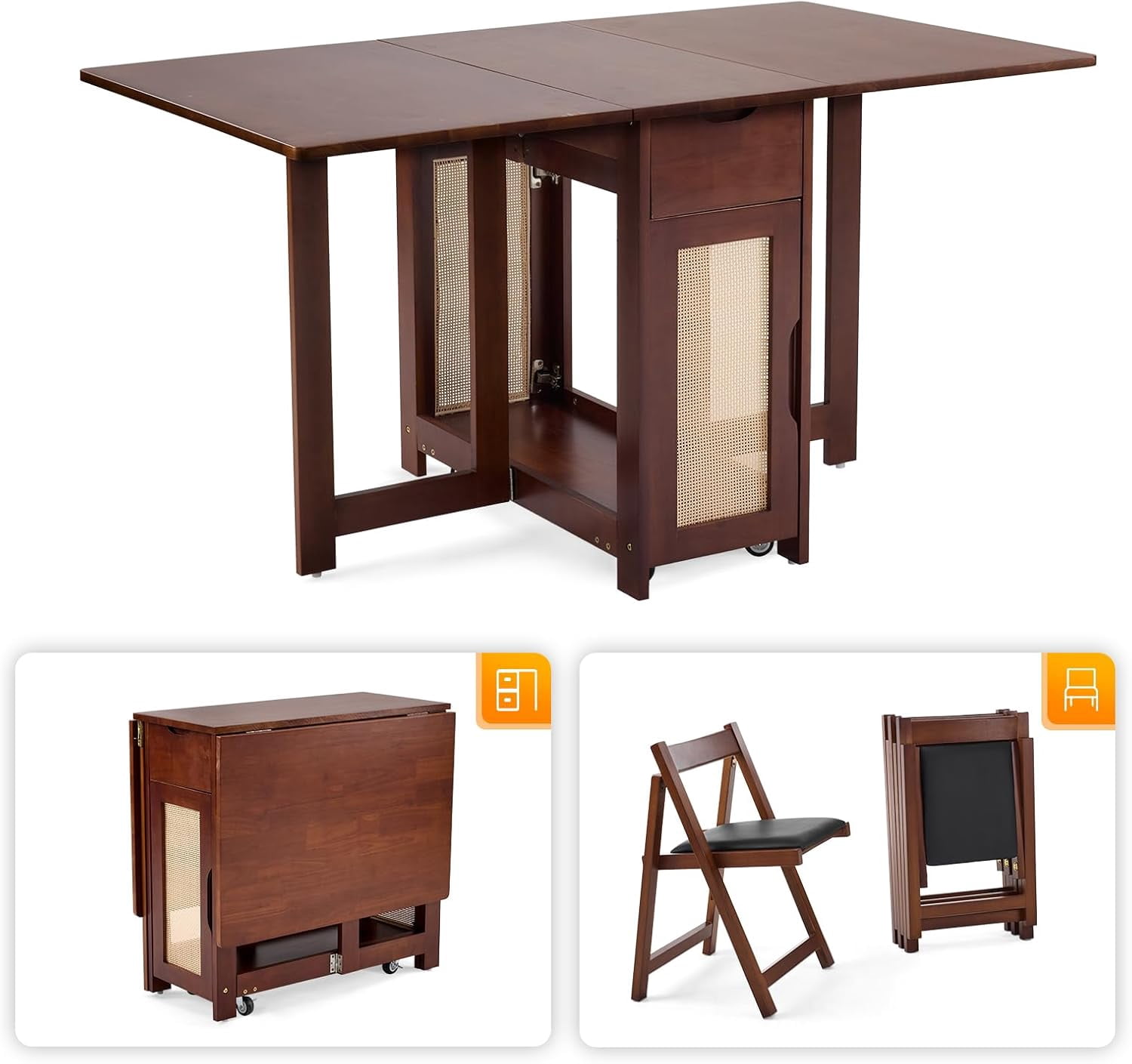 VINGLI Folding Dining Table Extendable Drop Leaf Foldable Table 5 Piece with 4 Chairs 2 Drawers and Wheels for Kitchen Space Saving，Natural