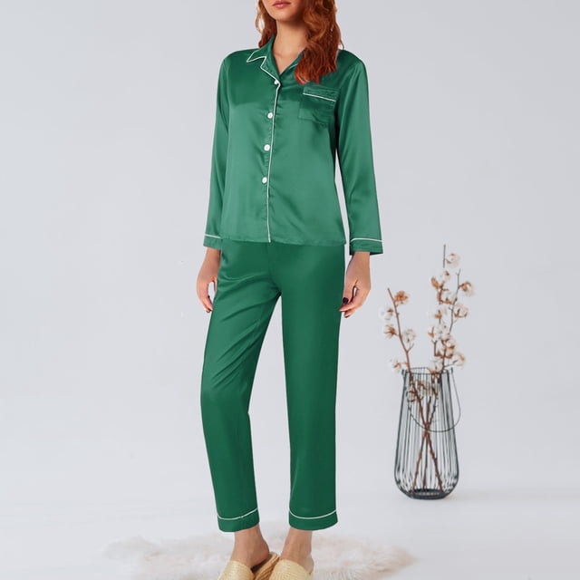 Ensemble de Pyjama en Satin Long pour Femmes Coupe Ample M-5TG