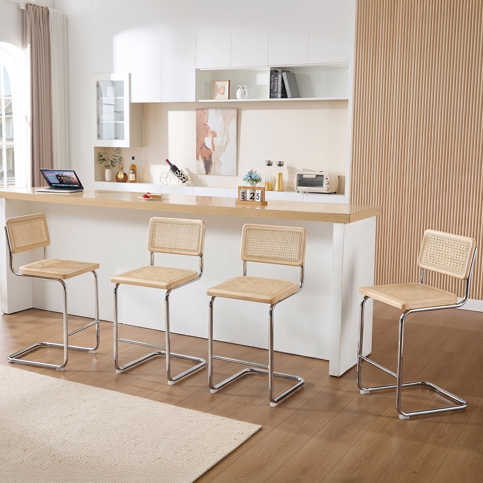 Zesthouse Rattan Counter Height Bar Stools Set of 2, 24.8" Counter Height Chairs with Cane Back, Mid Century Modern Barstools for Kitchen Island, Natural