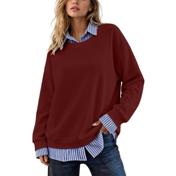Hurxie Womens Sweatshirt Casual 2 in 1 Striped Patchwork Collar Tops Shirts Business Casual Fall Outfits for Women
