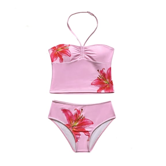 RMGVDSD Girls Tankini Swimsuits Two Piece Bathing Suits For Girls Floral Printed Swimwear Set Halter Neck Tops Bottoms Summer Beach Girls' Swimwear 10-11 Years