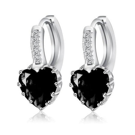 - CLEARANCE - Heart Shaped Black Diamond CZ Solitaire Hoop Earrings Black