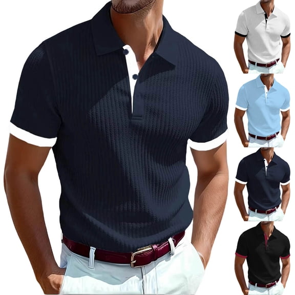 QIUOMBBP Casual Polos Shirts for Men ﻿Short Sleeve Color Block Lapel Collared Ribbed Knit Tee ﻿Summer Loose Lightweight Sport Golf Tshirt Black XL