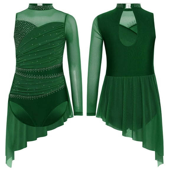 Doomiva Kids Girls Lyrical Dance Dress Asymmetric High-Low Mesh Skirted Leotard Rhinestone Figure Ice Skating Dress Green 12