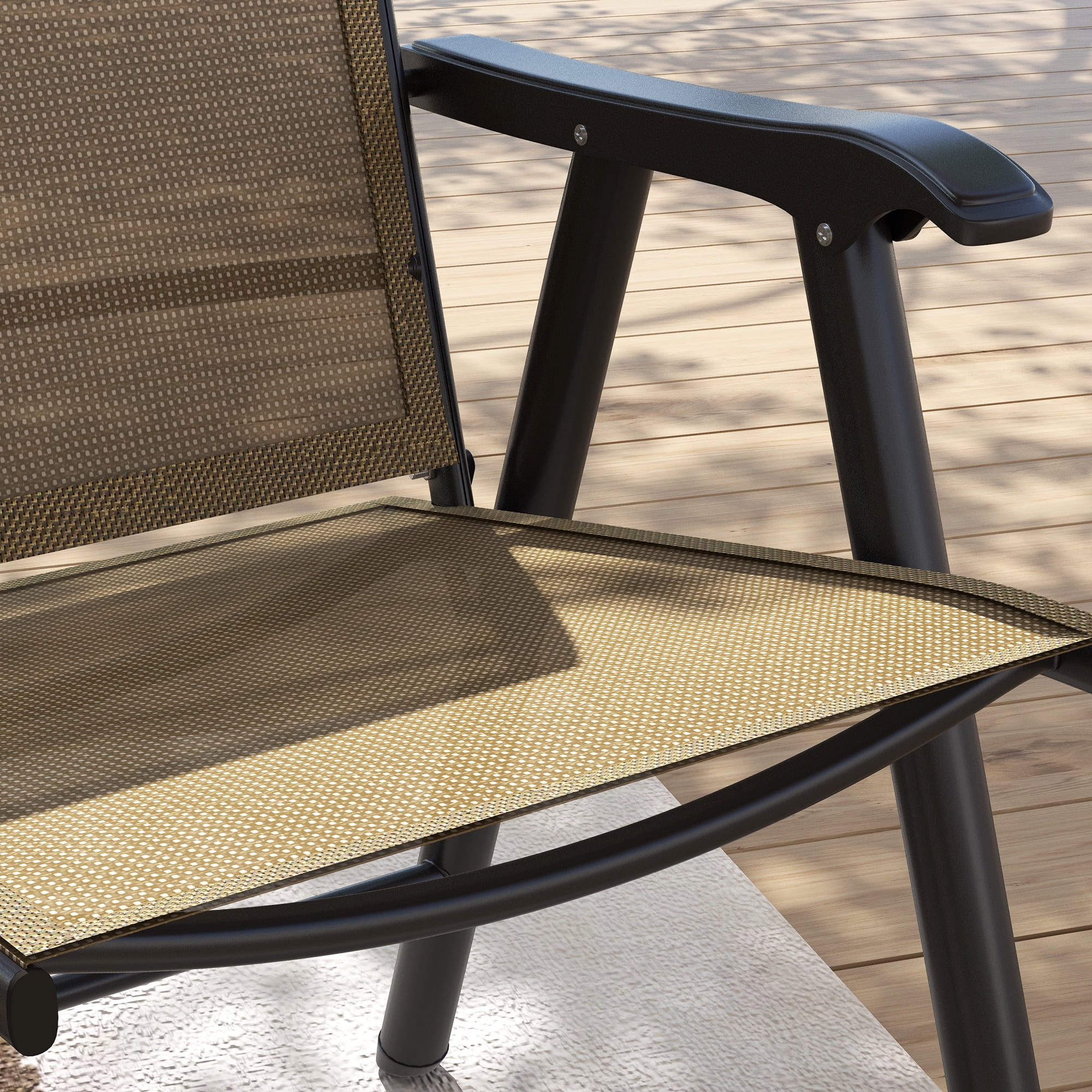 Set of 4 Patio Folding Chairs, Stackable Outdoor Sling Patio Dining Chairs with Armrests for Lawn, Camping, Dining, Beach, Metal Frame, No Assembly, Light Mixed Brown