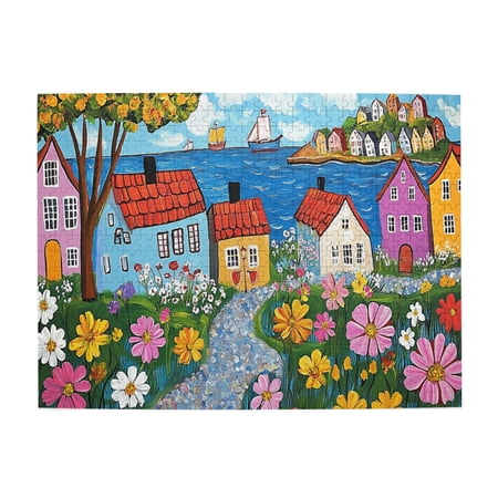 500 pcs Abstract Seaside Garden House 500 piece puzzle for adults Unique and Beautiful Design Challenging Brain Exercise Funny scenery Wooden Puzzles Enchanting Seaside Garden House Wood Puzzle